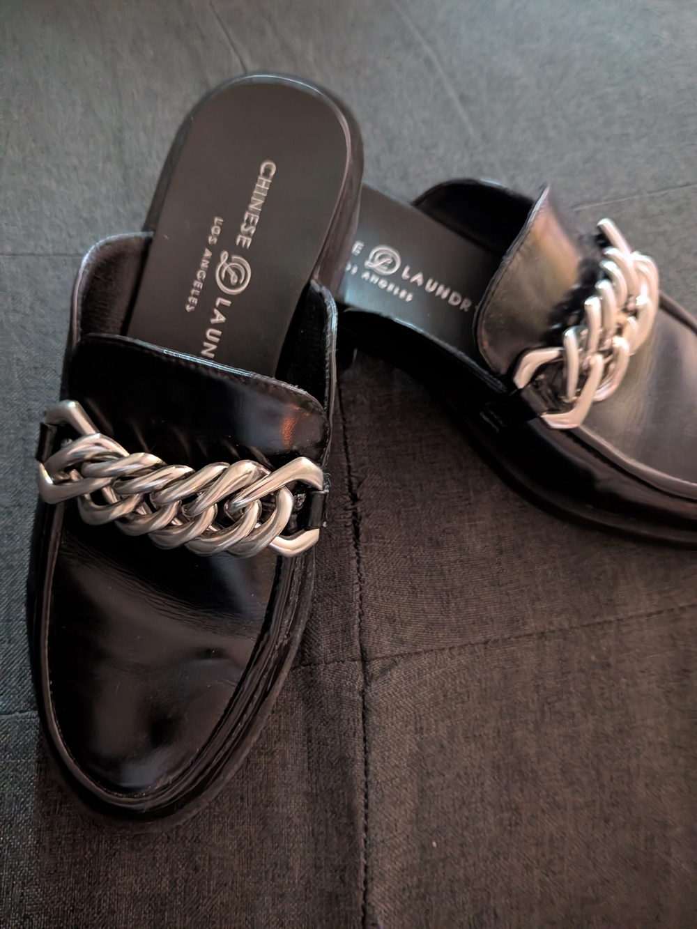 Chinese Laundry Black Chain-Detail Slip-On Mules